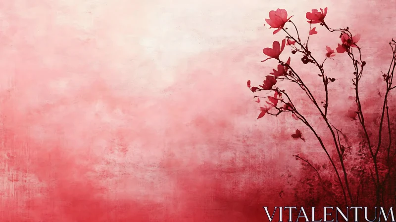 Red blossoms bloom against gradient pink backdrop.