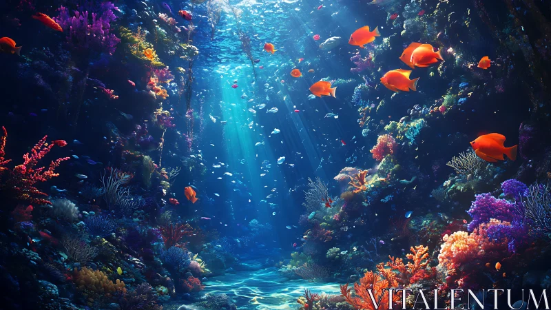 Sunlit coral canyon hosts vivid tropical fish in clear water