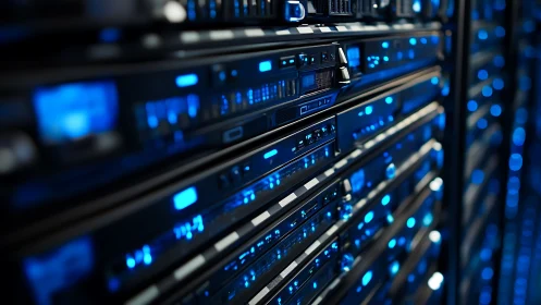 Data center rack servers with blue status indicator lights.