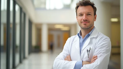 Clinician in white coat stands in bright hospital corridor interior
