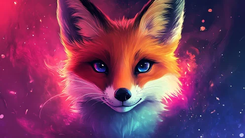 Fox portrait against abstract neon gradient background.