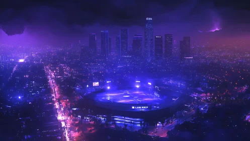 Neon purple city skyline overlooking illuminated stadium.