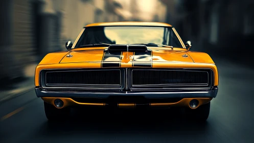 Low-angle frontal view captures a vivid muscular classic car in motion
