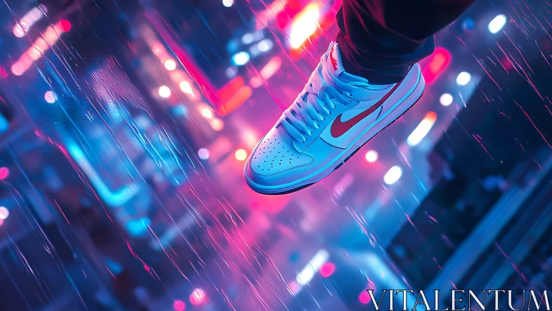 White sneaker hovers over neon city street in heavy rain