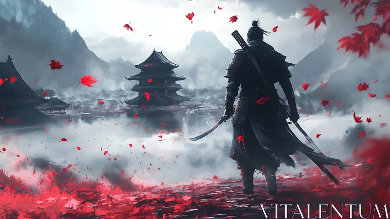 Samurai silhouette surveys misty pagoda valley with dynamic red foliage