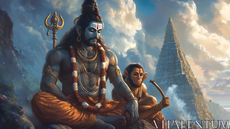 Mountain-top meditation with divine guardian and monkey friend.