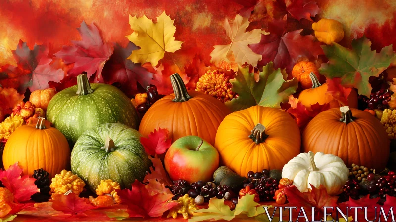 Colorful pumpkins rest among vibrant autumn leaves