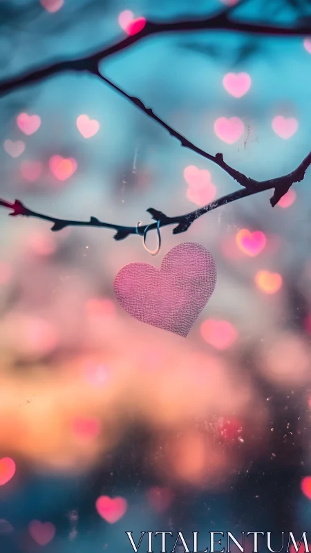 Romantic Heart Bokeh on Frosted Branch with Ethereal Glow.