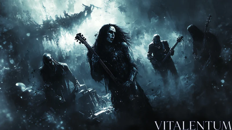 Midnight metal band thrashing through a ghostly stormscape.