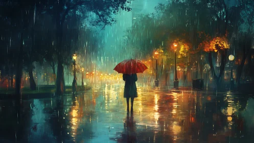 Backlit pedestrian with red umbrella in saturated urban rainscape