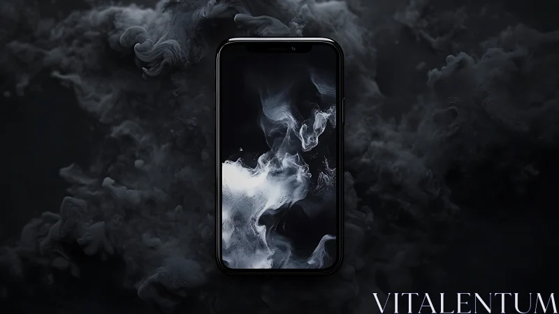 Smartphone with monochrome smoke interface on dark backdrop.