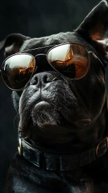 Black bulldog wears mirrored aviator sunglasses portrait.