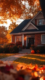 Pumpkin-lit brick cottage basking in golden maple autumn glow.