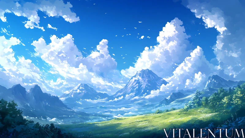 Mountain valley landscape shows bright sky and cumulus clouds