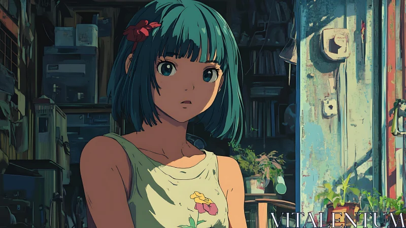 Green haired daydreamer pauses in a sunlit urban workshop