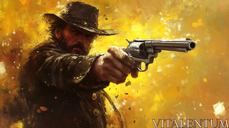 Cowboy aiming revolver against textured yellow backdrop.
