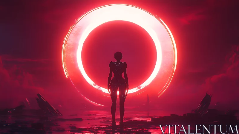 Silhouetted figure before illuminated circular portal in red.