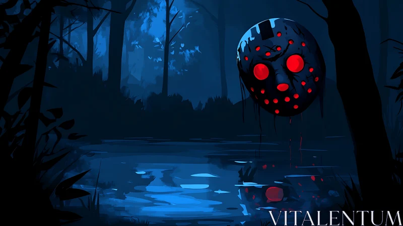 Hockey mask glows blood red above moonlit forest lake