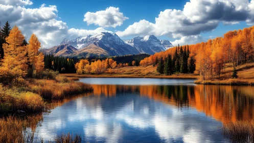 Photorealistic alpine lake with autumn aspens in vivid reflection.