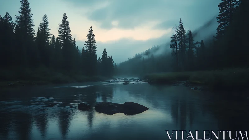 River hushes the forest awake beneath mist-blue dawn