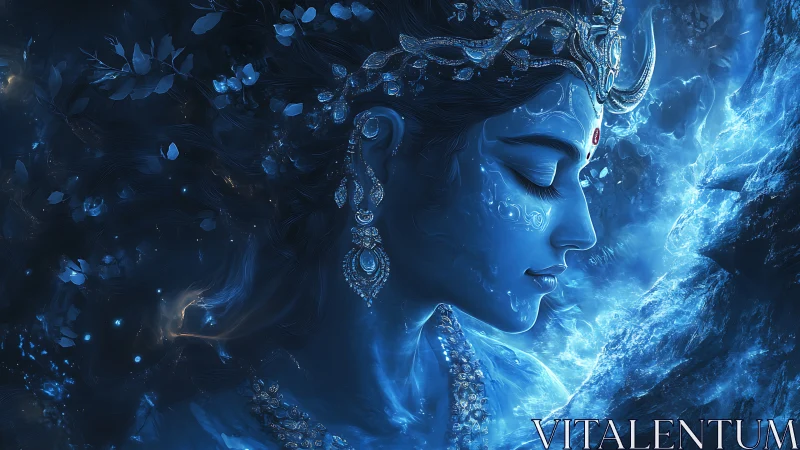 Divine blue profile in luminous celestial ice aura.