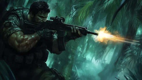Soldier firing rifle in dense jungle combat scene.