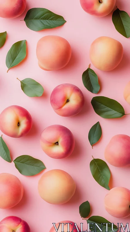 Ripe peaches align on pastel pink background with leaves.