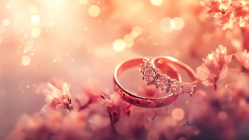 Macro bridal rings amid blush floral bokeh field.