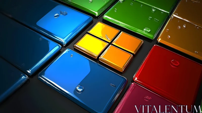 Glossy 3D Abstract Tiles in Primary Colors with Water Droplets. Glossy 3D Abstract Tiles in Primary Colors with Water Droplets.
