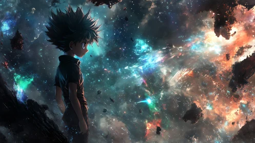 Celestial anime silhouette against nebular cosmic expanse.