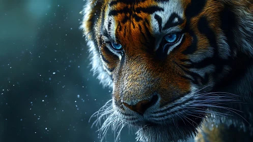 Tiger close-up shows detailed fur texture and blue eyes