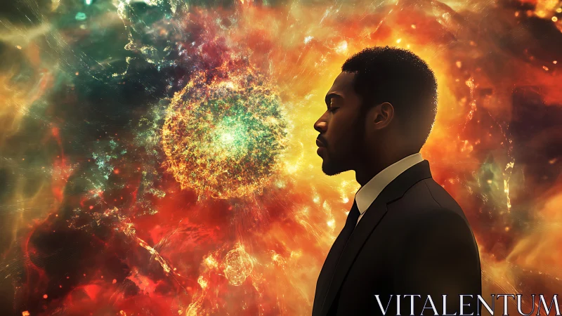 Man in suit facing glowing cosmic nebula in vivid space scene.