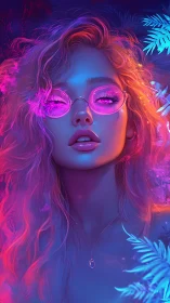 Neon-dream oracle girl bathed in electric jungle glow.