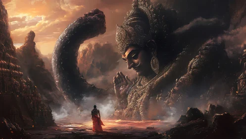 Colossal deity sculpture emerging in volcanic twilight realm.