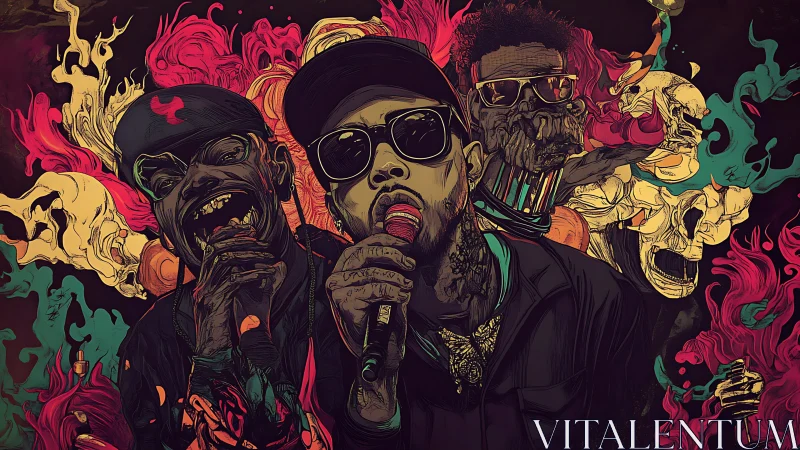 Hip hop vocal trio with abstract skull and smoke forms.