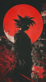 Shadow warrior silhouette before a fierce red eclipse.