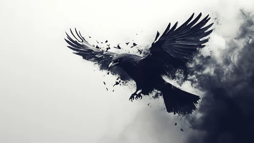 Dark raven explodes from swirling smoke in mid-flight.