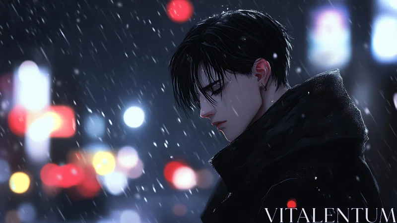 Male figure stands in nighttime rain with urban lights behind