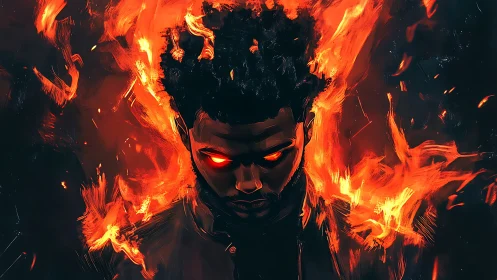 Fiery-eyed dark figure framed by raging digital flames.