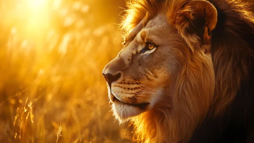 Sunlit lion king gazes across a blazing golden savanna.