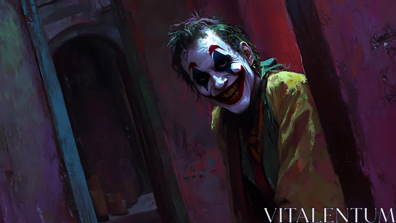 Psychotic clown portrait framed in skewed, neon alley composition