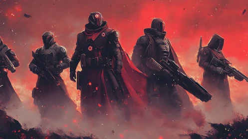 Armored sci fi squad advances through burning red fog