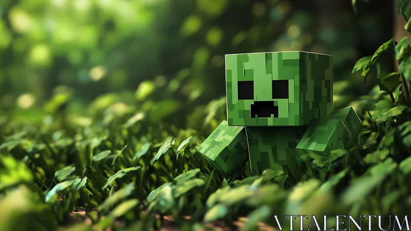 Voxel creeper entity amid depth‑mapped forest foliage.