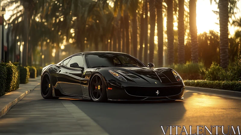 Midnight black supercar gliding through golden palm boulevard.