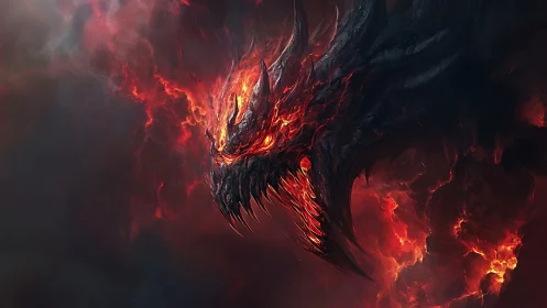 Infernal dragon skull carves molten jaws through storming ash
