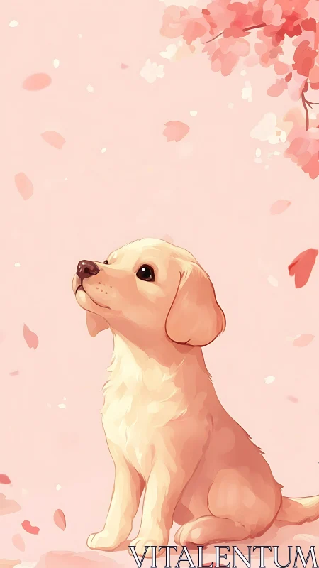 Gentle puppy enjoys soft pink petals drifting all around