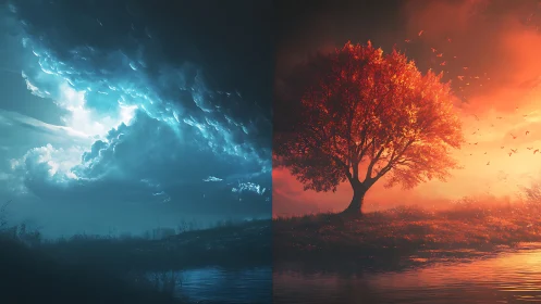 Bipolar landscape contrasts cyan storm clouds and vermilion tree