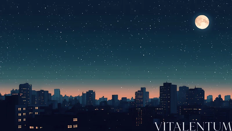 Nocturnal city skyline under starfield and full moon glow.