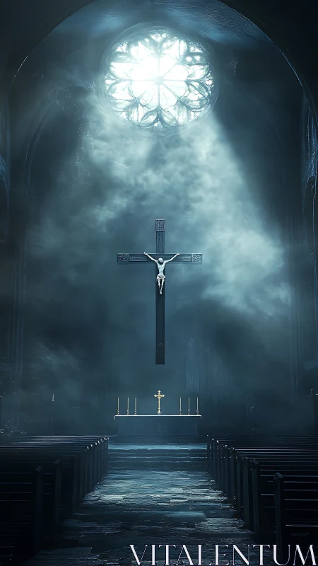 Luminous crucifix adrift in mist over a midnight cathedral.