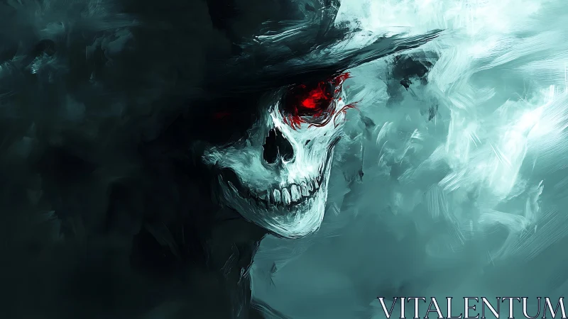 Skull with red eye sockets emerging from diffuse mist.